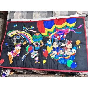 VTG Handmade Mickey Mouse Friends Blue Quilt Wall Hanging Loops Hot Air Balloon